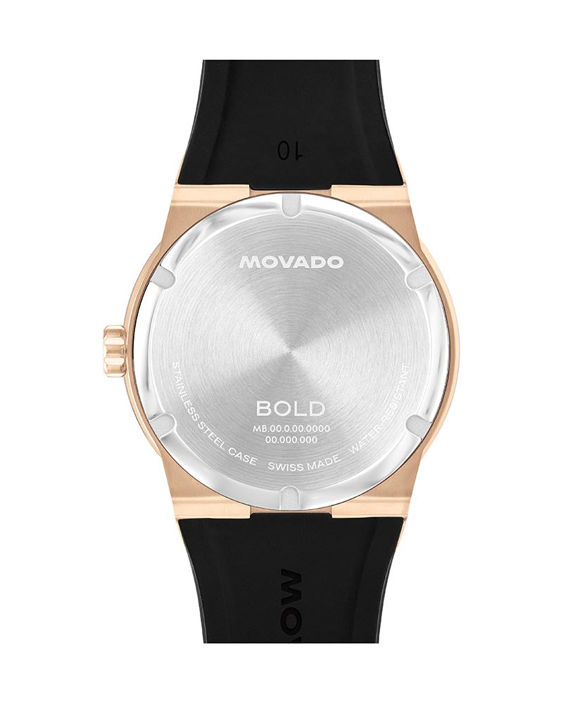 Caseback of Movado Bold Fusion with brushed finish and Swiss made designation