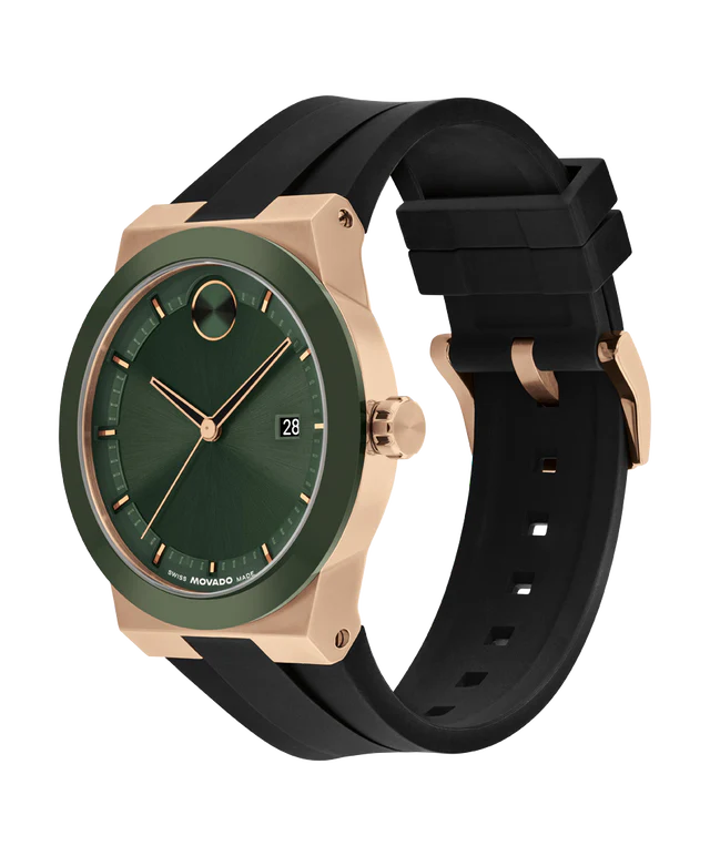 Side profile of Movado Bold Fusion showing rose gold case and black rubber strap