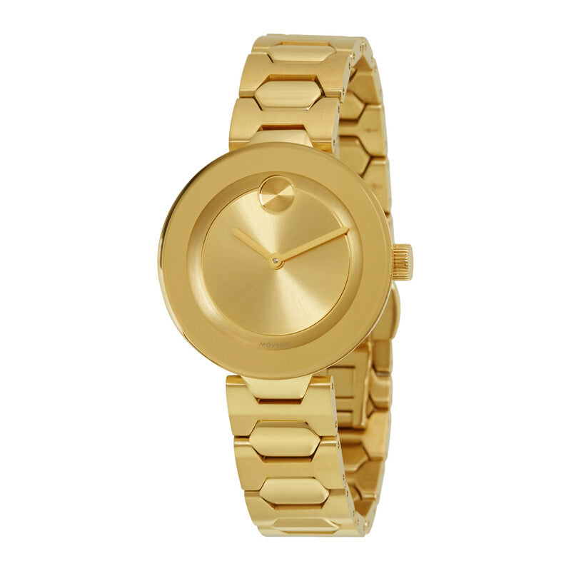 Movado Bold gold dial ladies watch with matching gold bracelet, front view