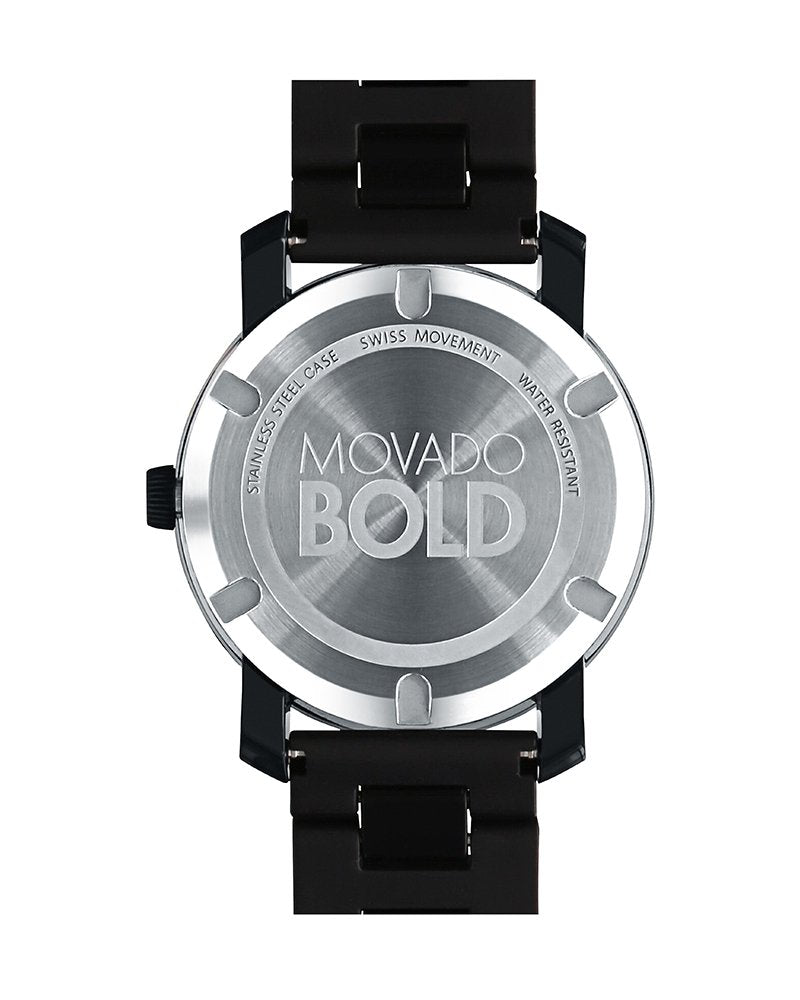 Movado Bold Large caseback showing engraved Movado Bold branding and Swiss movement details