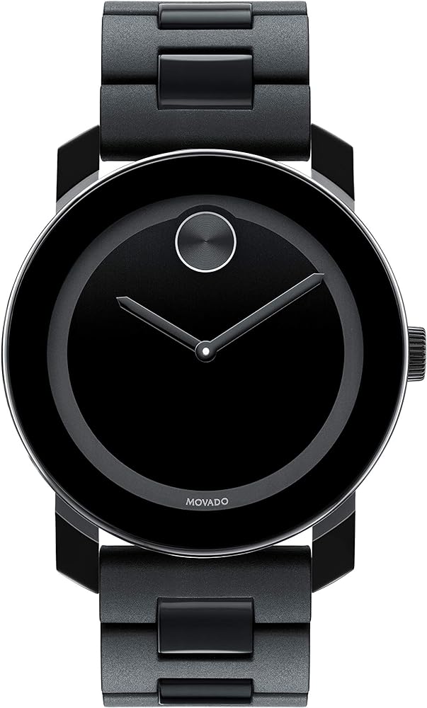 Movado Bold Large black polymer watch with black dial and iconic dot, displayed from front view