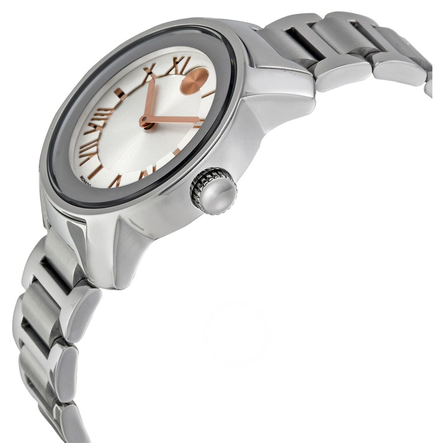 Movado Bold Luxe watch on-wrist angle showing dial details and stainless steel bracelet