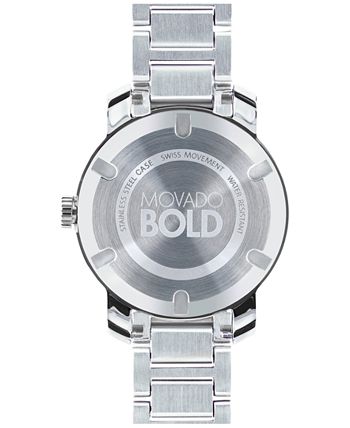 Movado Bold Luxe case back showing engraved Movado Bold branding and stainless steel construction