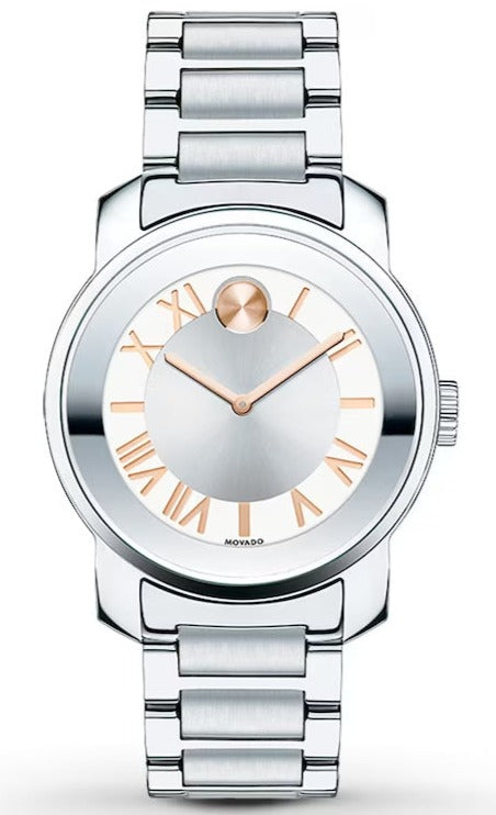 Movado Bold Luxe 32mm stainless steel women's watch with silver dial and rose gold accents
