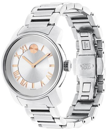 Movado Bold Luxe 32mm women's watch side profile displaying stainless steel bracelet and case