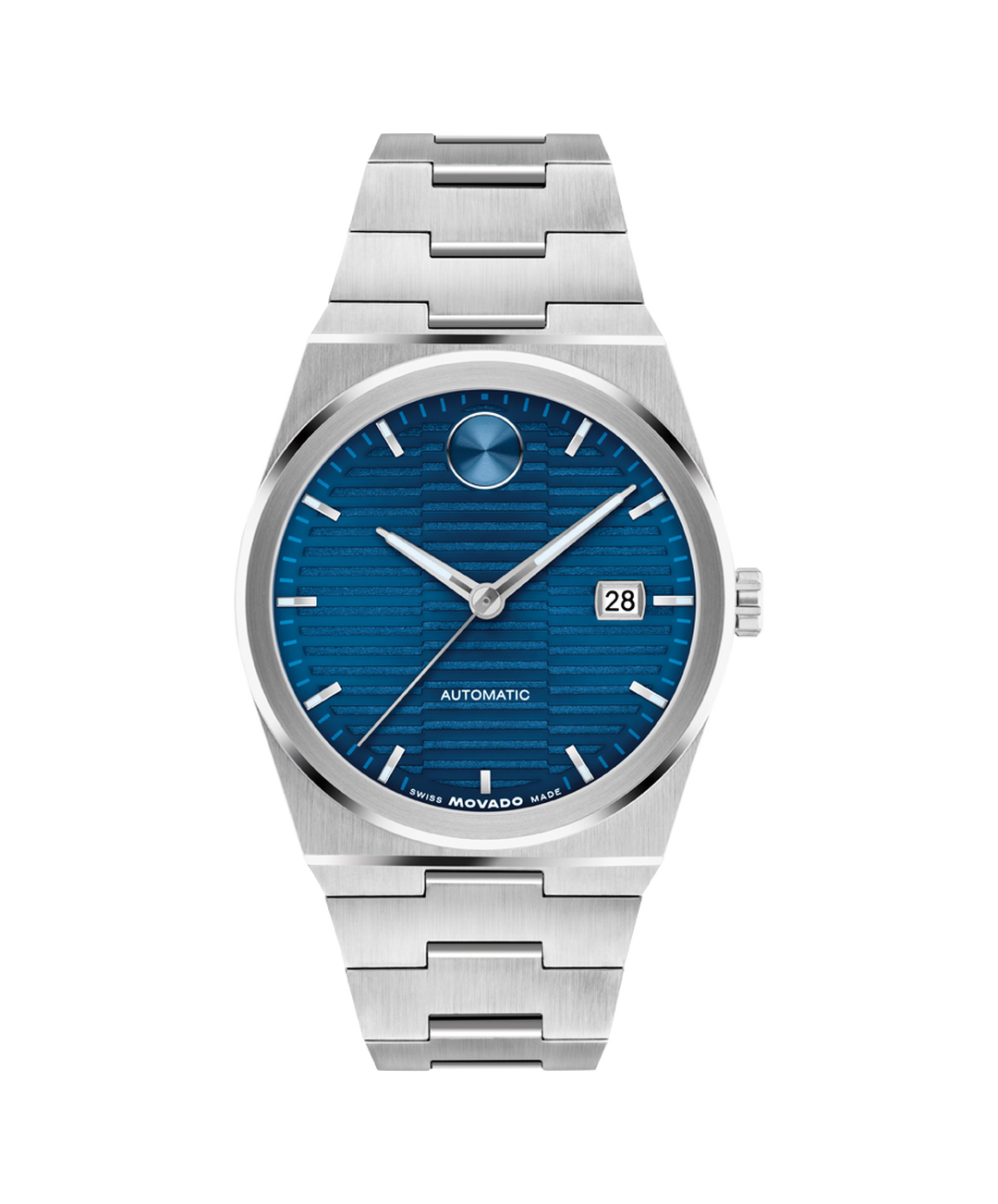 Movado BOLD Quest automatic men's watch with blue dial, stainless steel case and bracelet