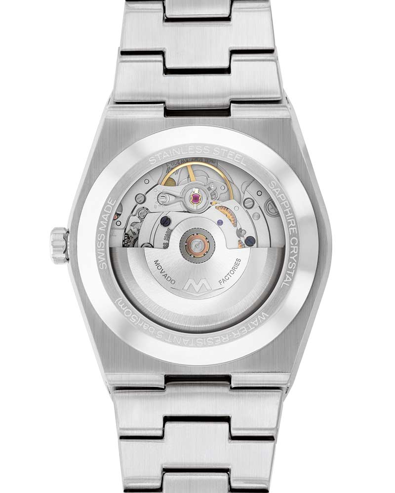 Movado BOLD Quest caseback showing visible automatic movement with brushed finish and date indicator
