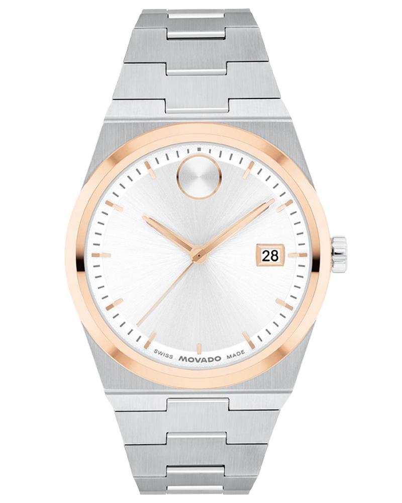Movado BOLD Quest women's watch with white dial, rose gold bezel, and two-tone stainless steel bracelet