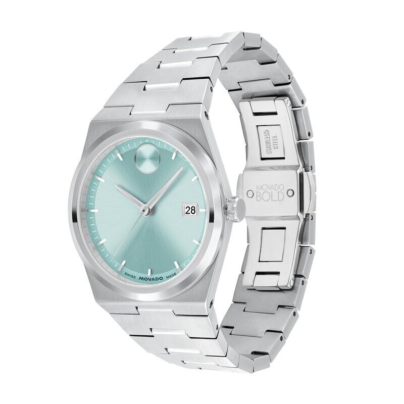 Movado Bold Quest watch angled view showing stainless steel bracelet and blue dial