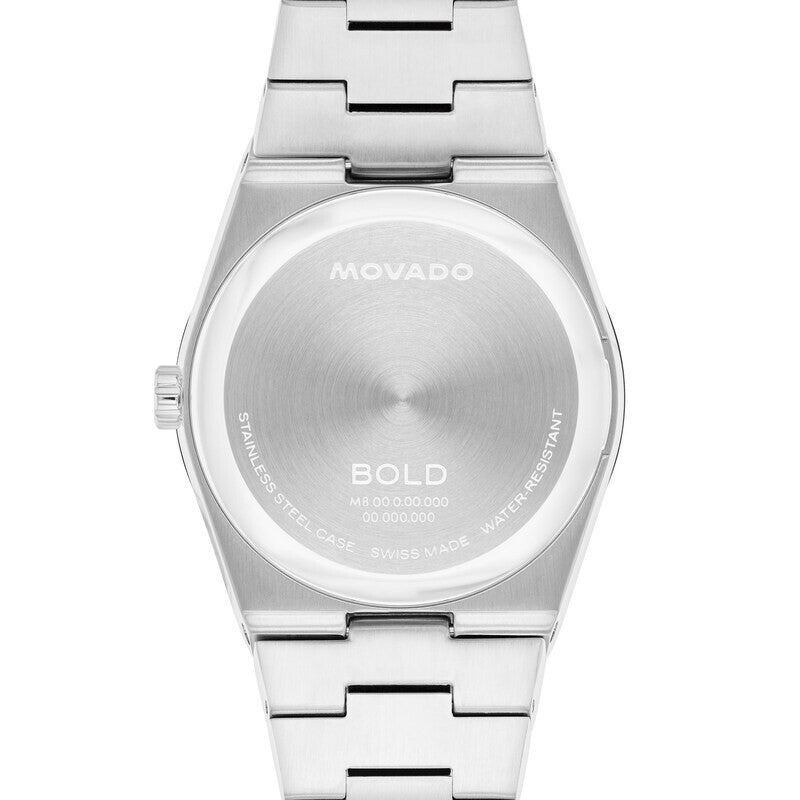 Movado Bold caseback with engraved logo, model number, and Swiss-made marking
