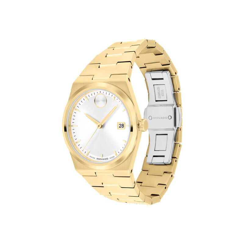 Movado Bold Quest gold watch shown at angle with bracelet detail