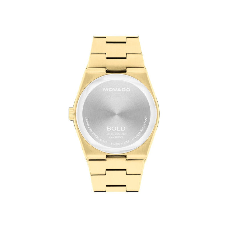 Movado Bold Quest caseback showing engraved Movado and Bold branding