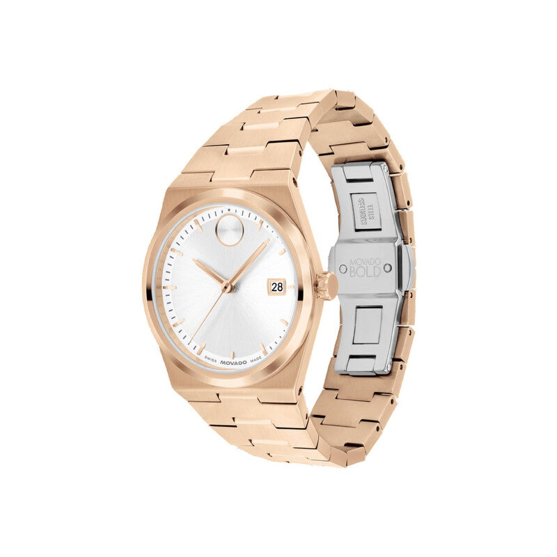 Movado Bold Quest rose gold-tone ladies watch shown at angle with bracelet detail