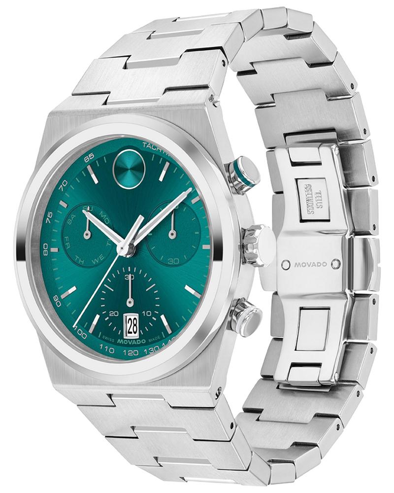 Movado BOLD Quest chronograph with green dial shown at angle with stainless steel bracelet