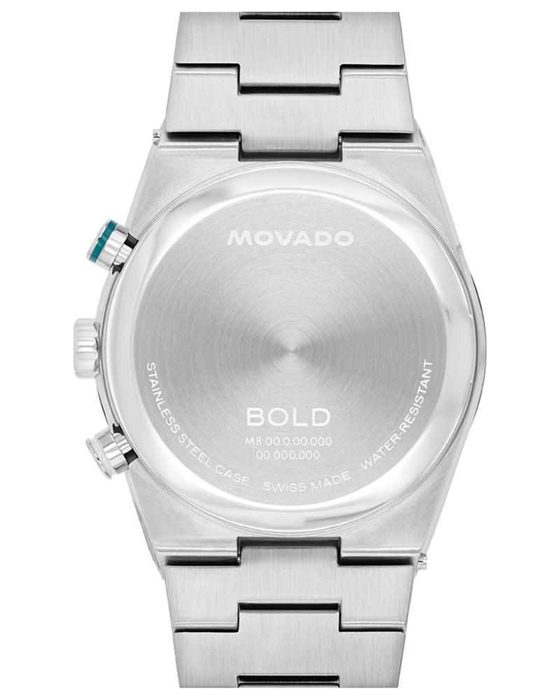 Caseback of Movado BOLD Quest 42MM showing stainless steel case and Movado branding