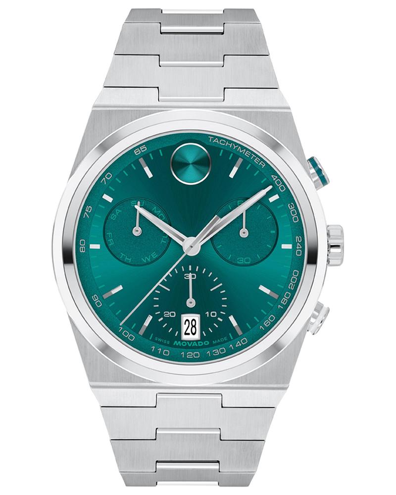 Movado BOLD Quest 42MM green dial chronograph watch with stainless steel bracelet