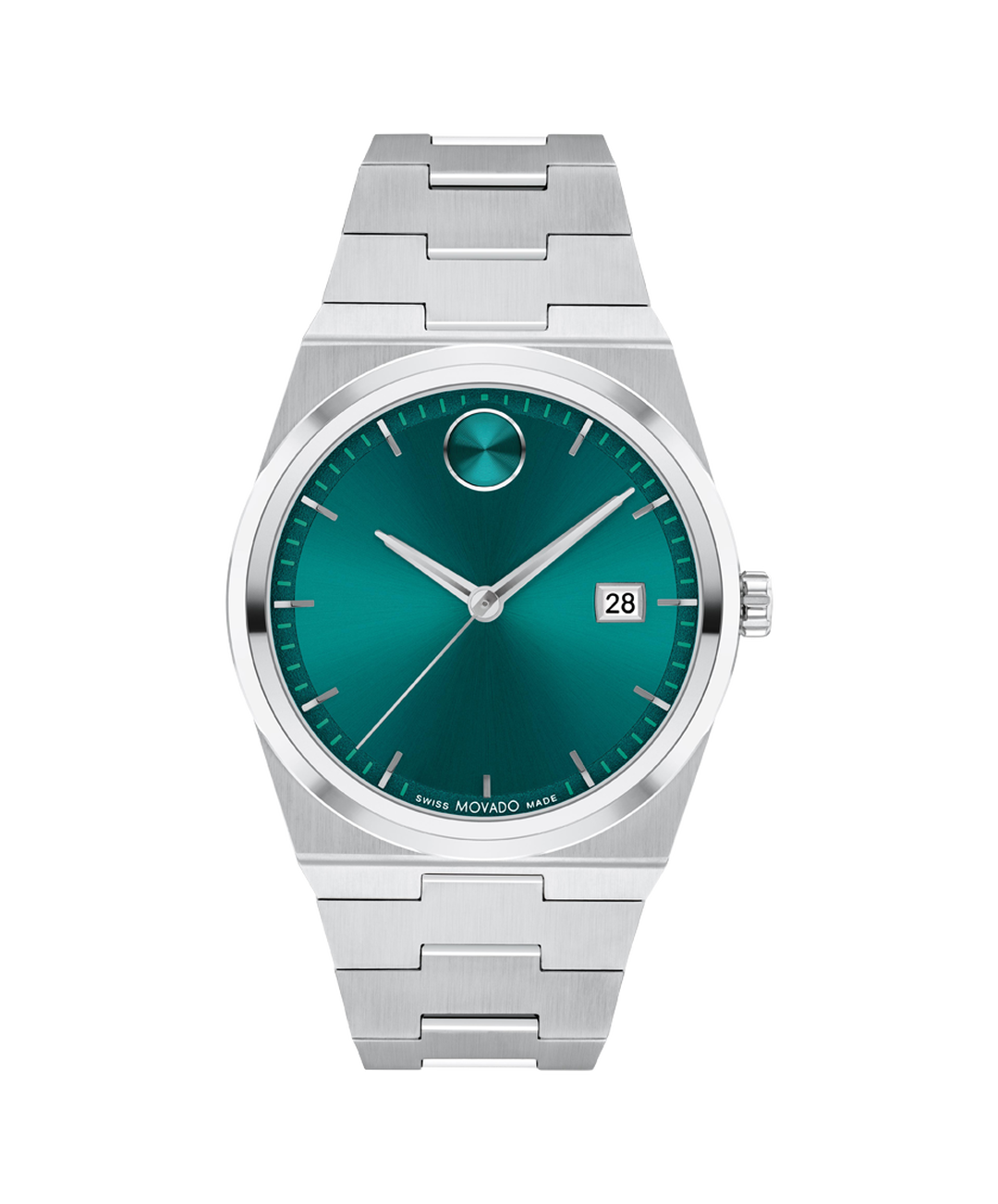 Movado BOLD Quest stainless steel watch with teal green dial and Museum dot, 40mm