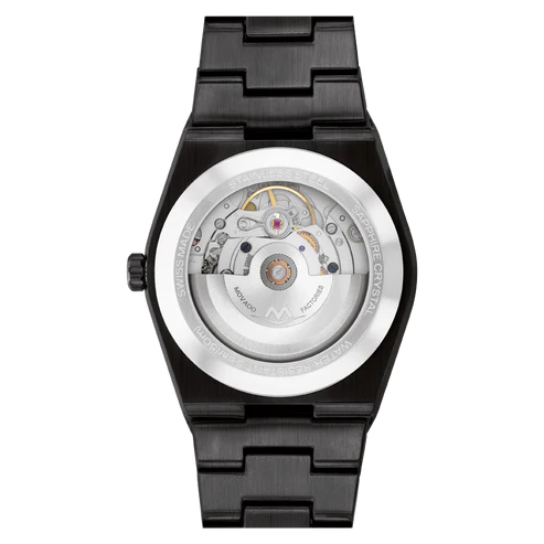 Movado Bold Quest caseback revealing automatic movement and transparent exhibition display