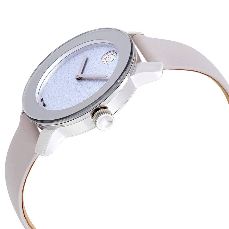 Side profile of Movado Bold watch with pink leather strap and stainless steel case