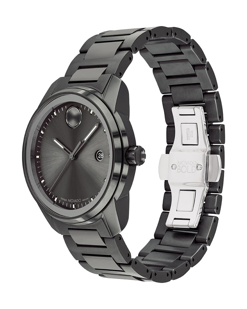 Movado BOLD Verso watch side view showing gunmetal bracelet and case profile