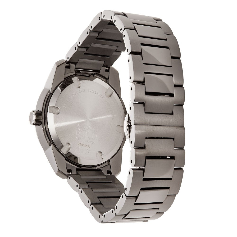 Movado BOLD Verso caseback view showing gunmetal stainless steel bracelet detail
