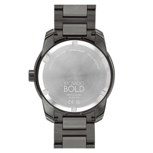 Movado BOLD Verso caseback with engraved Movado BOLD branding and model details