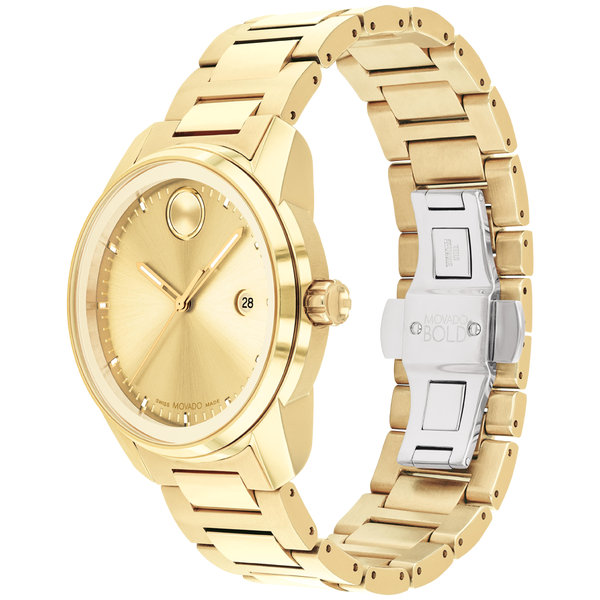 Movado BOLD Verso goldtone watch with integrated bracelet and silver-tone clasp, shown at angle