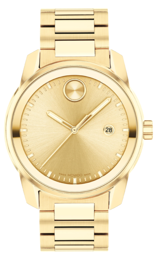 Movado BOLD Verso 42mm goldtone watch face with champagne dial and date window