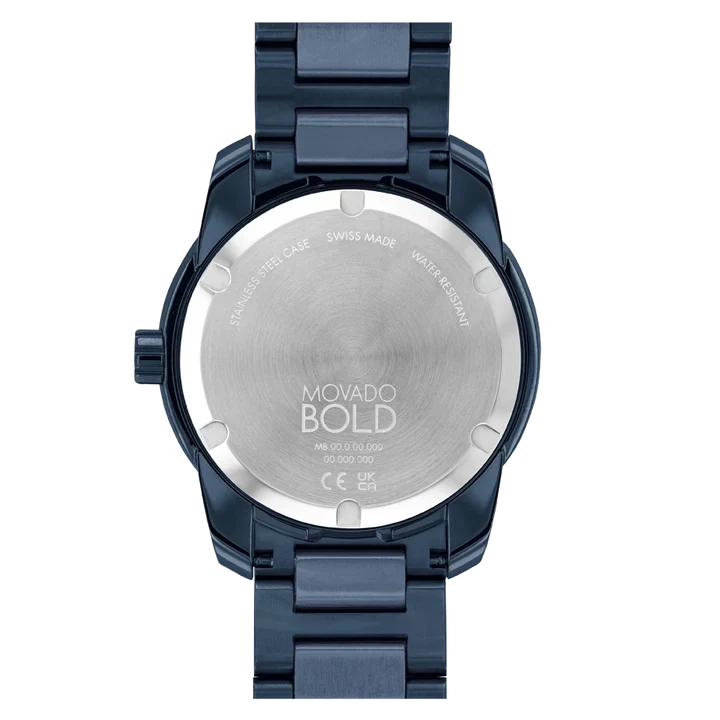 Movado Bold Verso caseback showing Swiss Made marking and model details