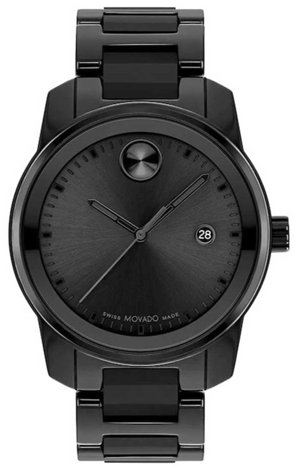 Movado BOLD Verso black dial watch with ceramic bezel and steel bracelet, date window visible