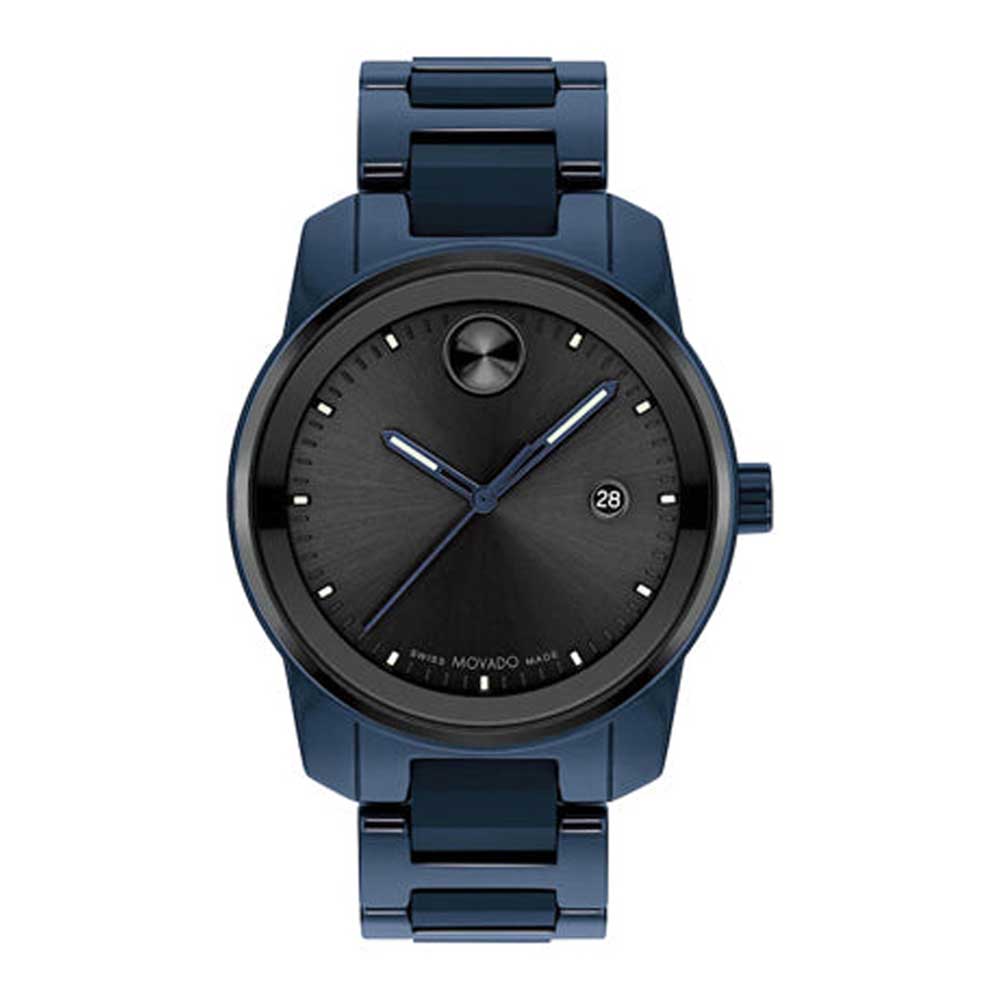 Movado Bold Verso quartz men's watch with black dial and blue steel bracelet