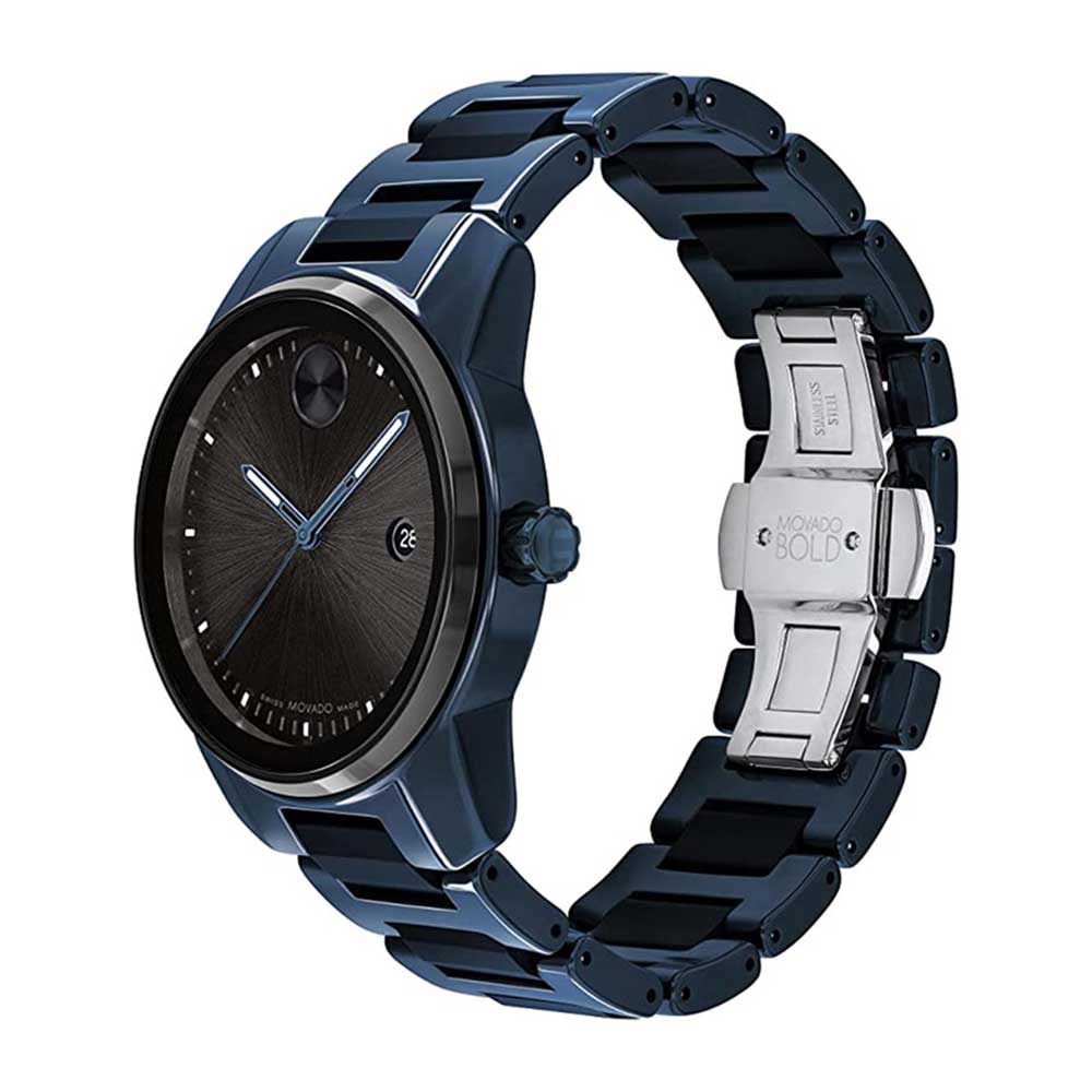 Movado Bold Verso watch shown at angle with blue ceramic and steel bracelet