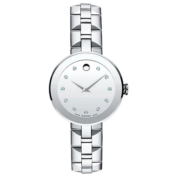 Movado Diamonds silver stainless steel ladies watch with silver dial and diamond hour markers