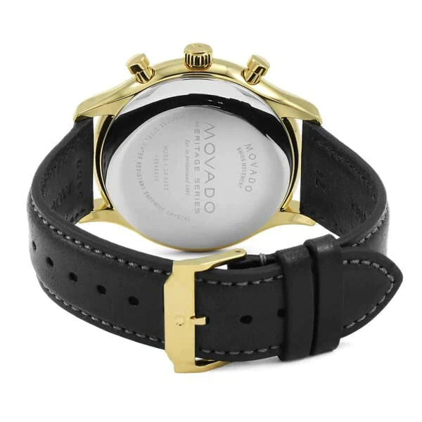 Movado Heritage Chronograph caseback showing engraved logo and specifications on black leather strap