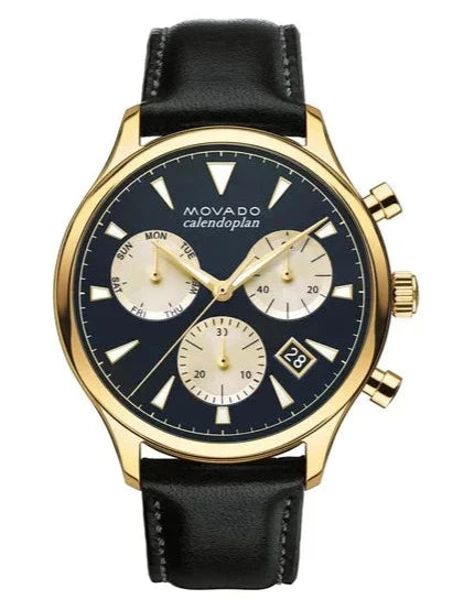 Movado Heritage Chronograph men's watch with navy dial, gold case, and black leather strap
