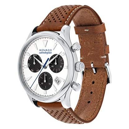 Movado Heritage chronograph watch with polished steel case and perforated brown leather strap