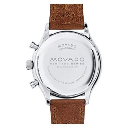 Movado Heritage Series chronograph caseback with engravings and water resistance information