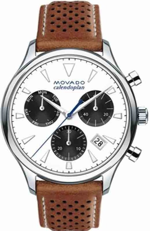 Movado Heritage chronograph watch with white dial and brown perforated leather strap