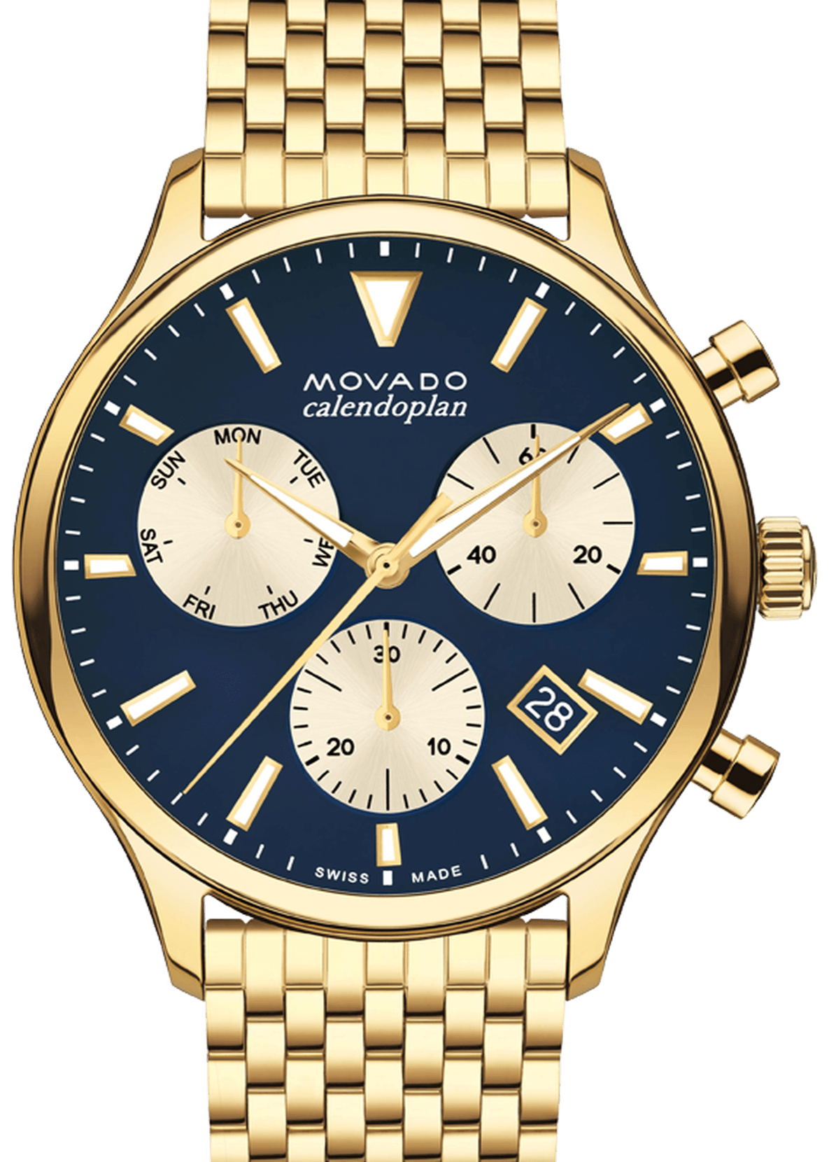 Movado Heritage chronograph watch with black dial, gold tone case and bracelet, three subdials