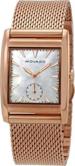 Movado Heritage women's watch angled view showing rose gold rectangular case and mesh strap