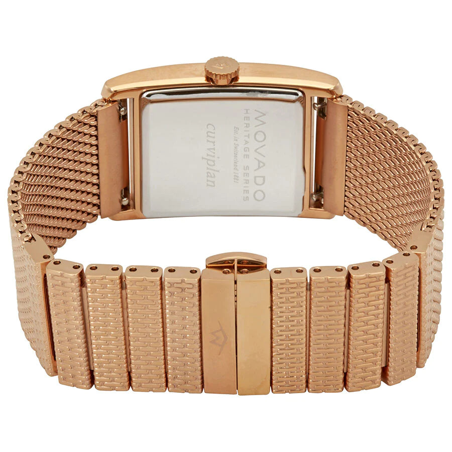 Movado Heritage caseback showing engraving and rose gold mesh bracelet detail