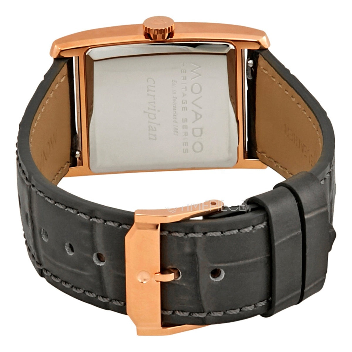 Movado Heritage women's watch caseback showing grey leather strap and rose gold buckle