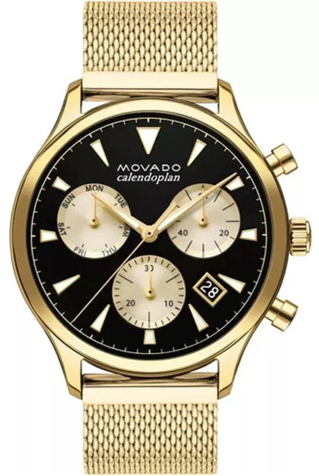 Movado Heritage Chronograph men's watch with black dial, gold tone case, and mesh bracelet