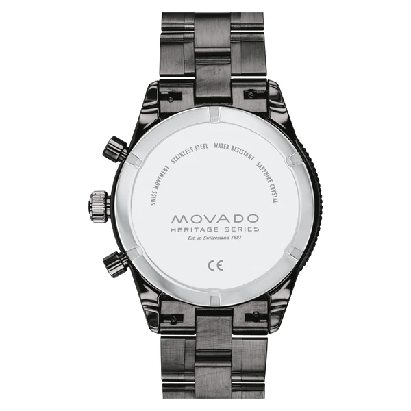 Movado Heritage caseback with engraved Heritage Series branding and water resistance specifications