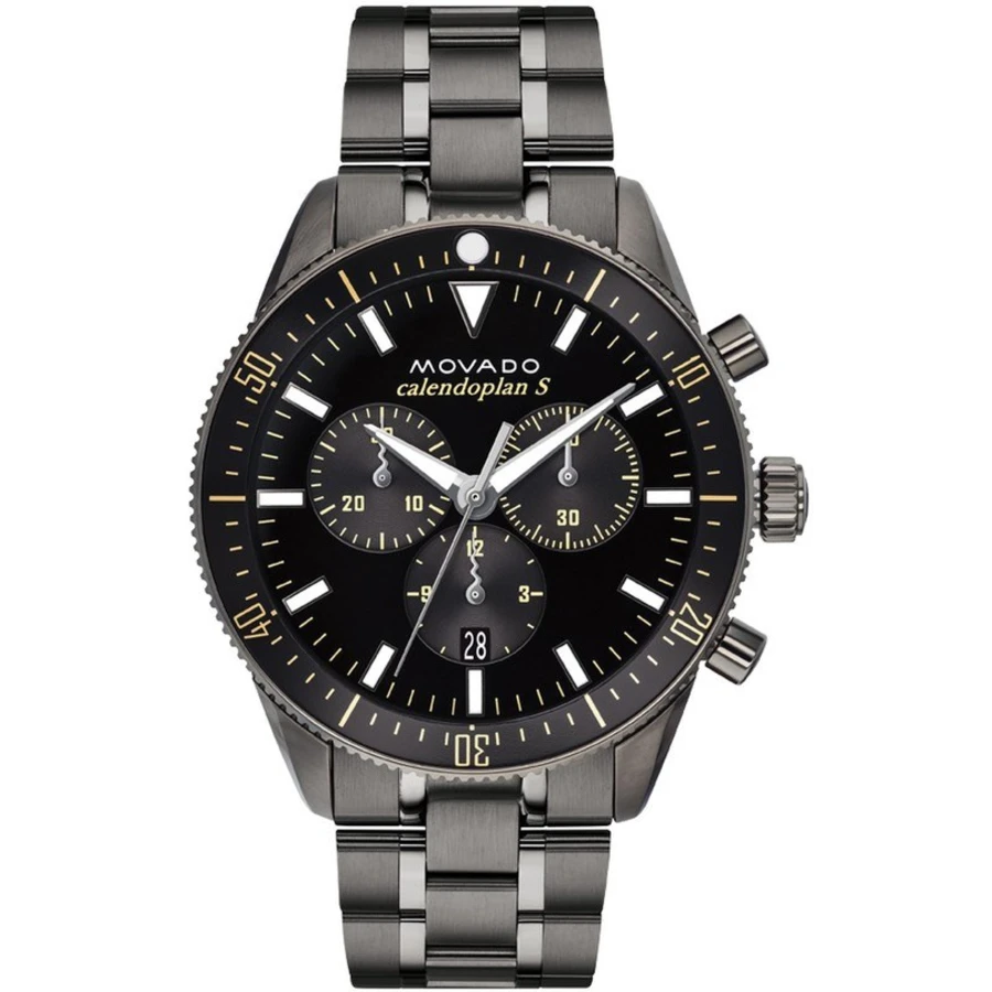 Movado Heritage 42mm chronograph watch with black dial, steel case, and stainless steel bracelet