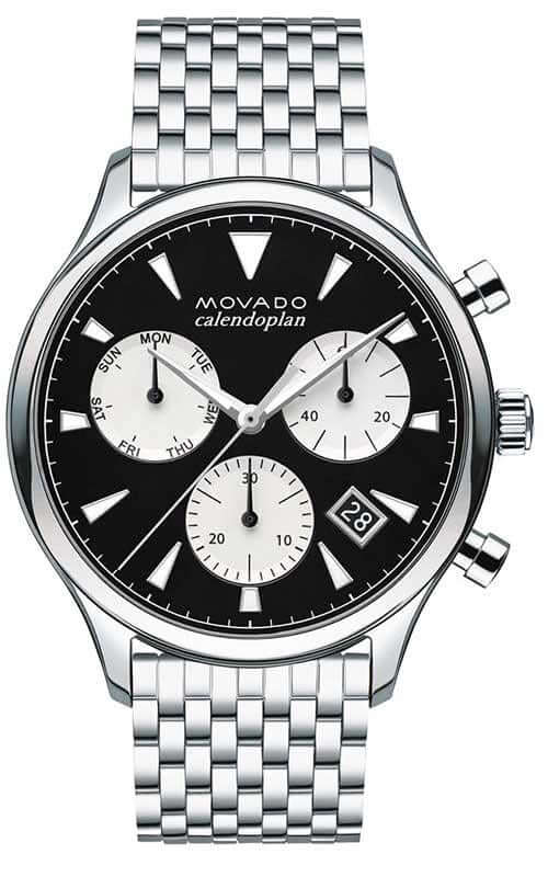 Movado Heritage Calendoplan chronograph with black dial, three white subdials, and silver stainless steel bracelet