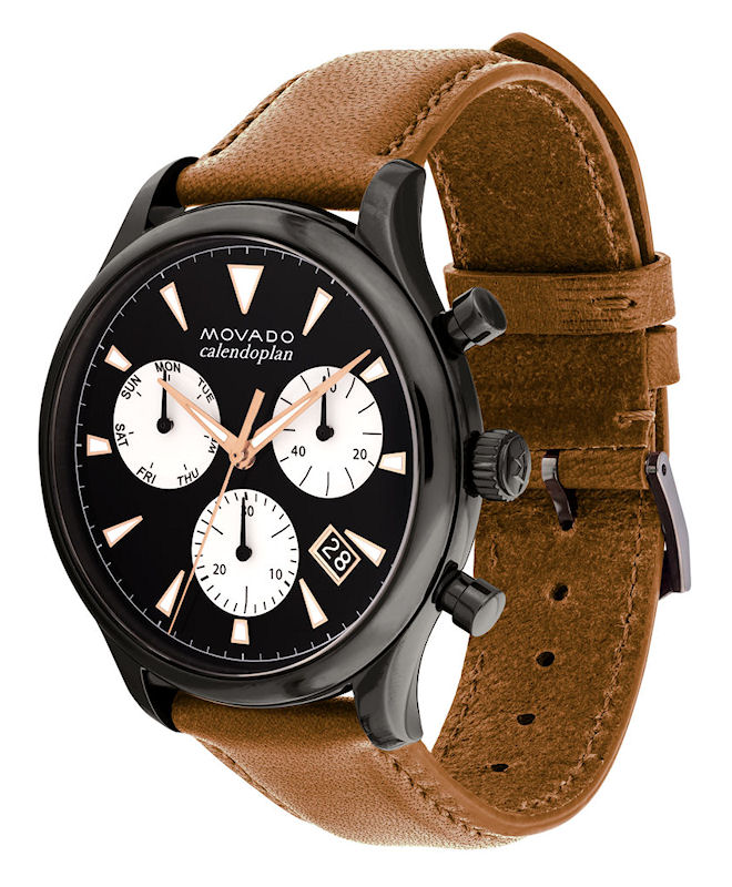 Side view of Movado Heritage Calendoplan chronograph with brown leather strap and black case
