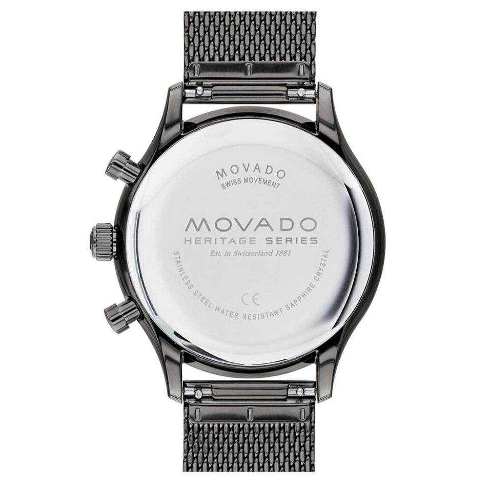 Movado Heritage Series case back showing Swiss movement and water resistance details