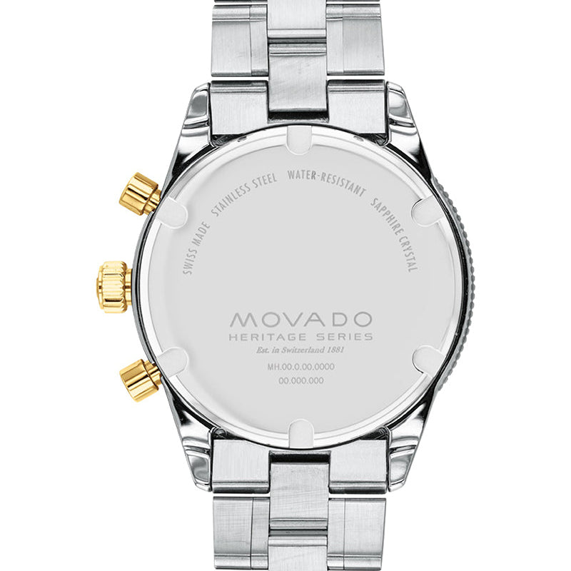 Movado Heritage Series chronograph watch caseback with stainless steel water-resistant engraving