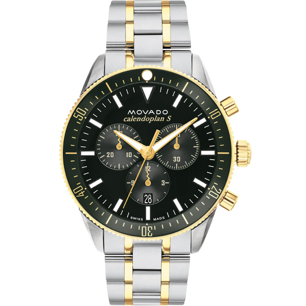 Movado Heritage Calendoplan S chronograph men's watch with steel and gold two-tone bracelet